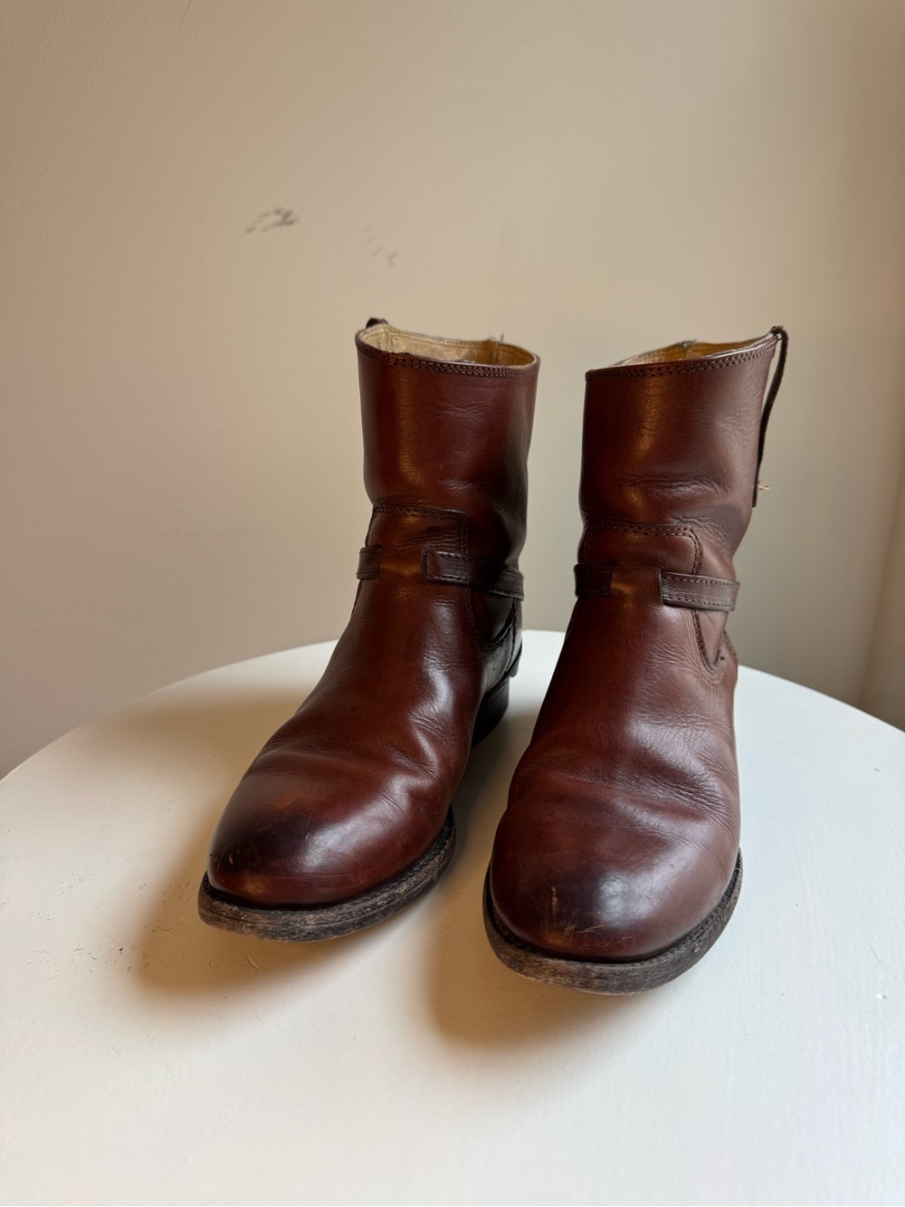 Frye Brown Leather Mid-Calf Harness Heeled Boots